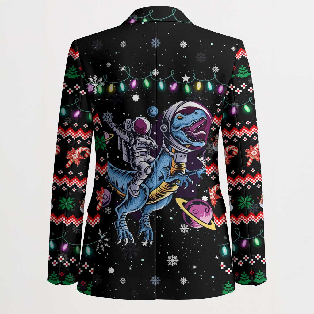 Astronauts Ride A T Rex In Space With The Planet Christmas Blazer Xmas Holiday Patterns - Wonder Print Shop