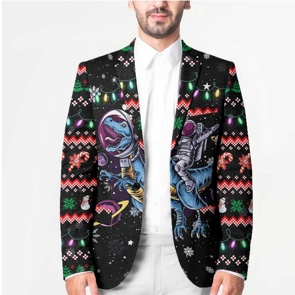 Astronauts Ride A T Rex In Space With The Planet Christmas Blazer Xmas Holiday Patterns - Wonder Print Shop