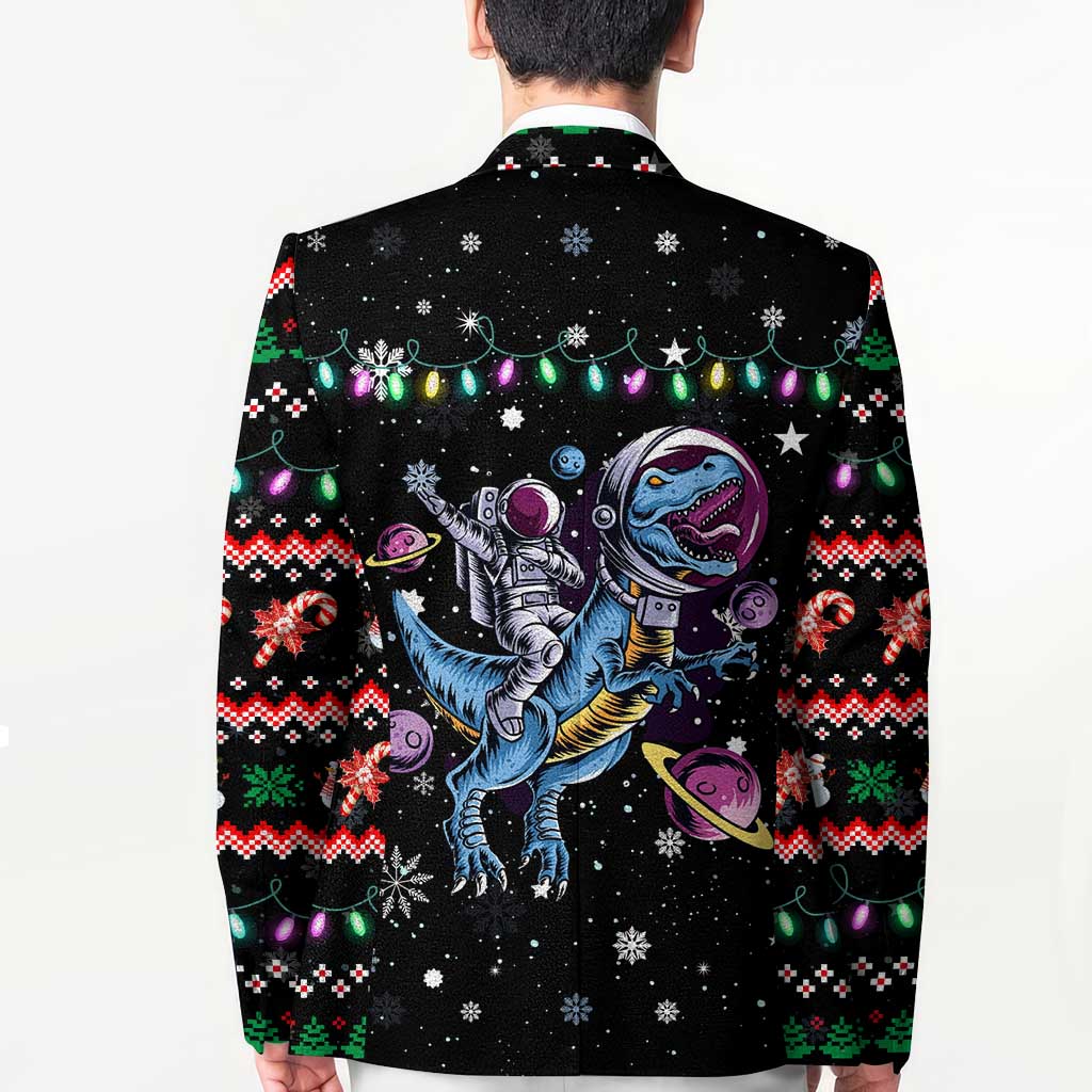 Astronauts Ride A T Rex In Space With The Planet Christmas Blazer Xmas Holiday Patterns - Wonder Print Shop