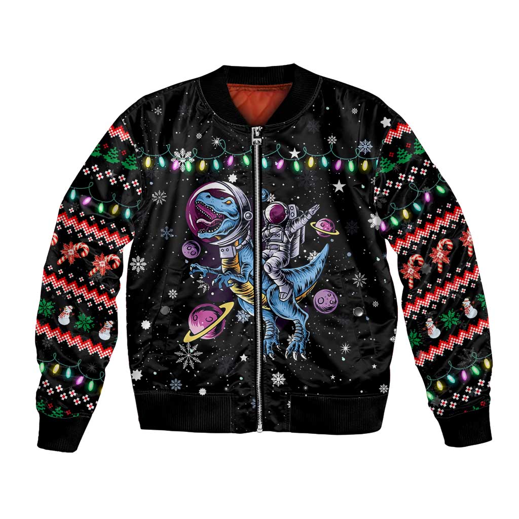 Astronauts Ride A T Rex In Space With The Planet Christmas Bomber Jacket Xmas Holiday Patterns - Wonder Print Shop