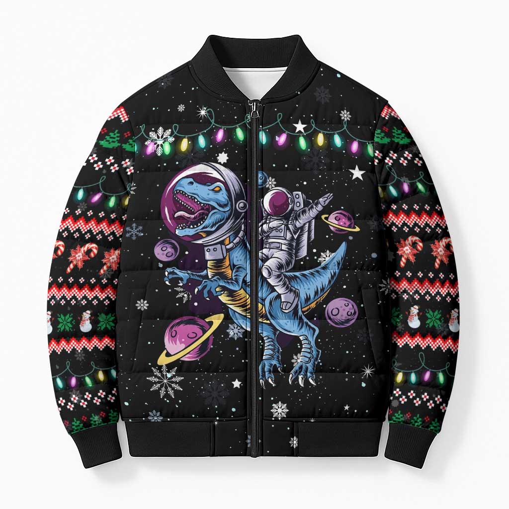 Astronauts Ride A T Rex In Space With The Planet Christmas Bomber Puffer Jacket Xmas Holiday Patterns - Wonder Print Shop