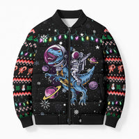Astronauts Ride A T Rex In Space With The Planet Christmas Bomber Puffer Jacket Xmas Holiday Patterns - Wonder Print Shop