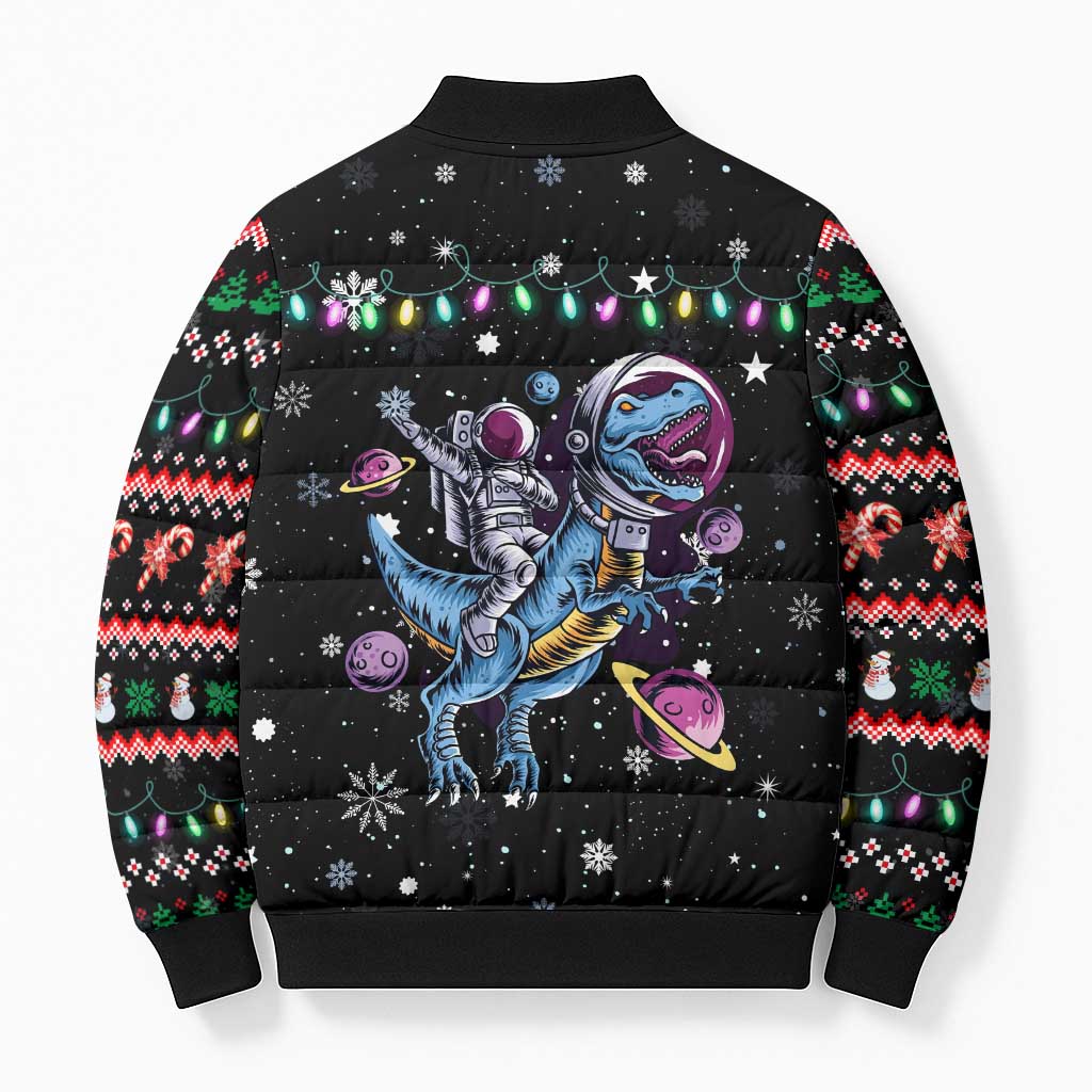 Astronauts Ride A T Rex In Space With The Planet Christmas Bomber Puffer Jacket Xmas Holiday Patterns - Wonder Print Shop