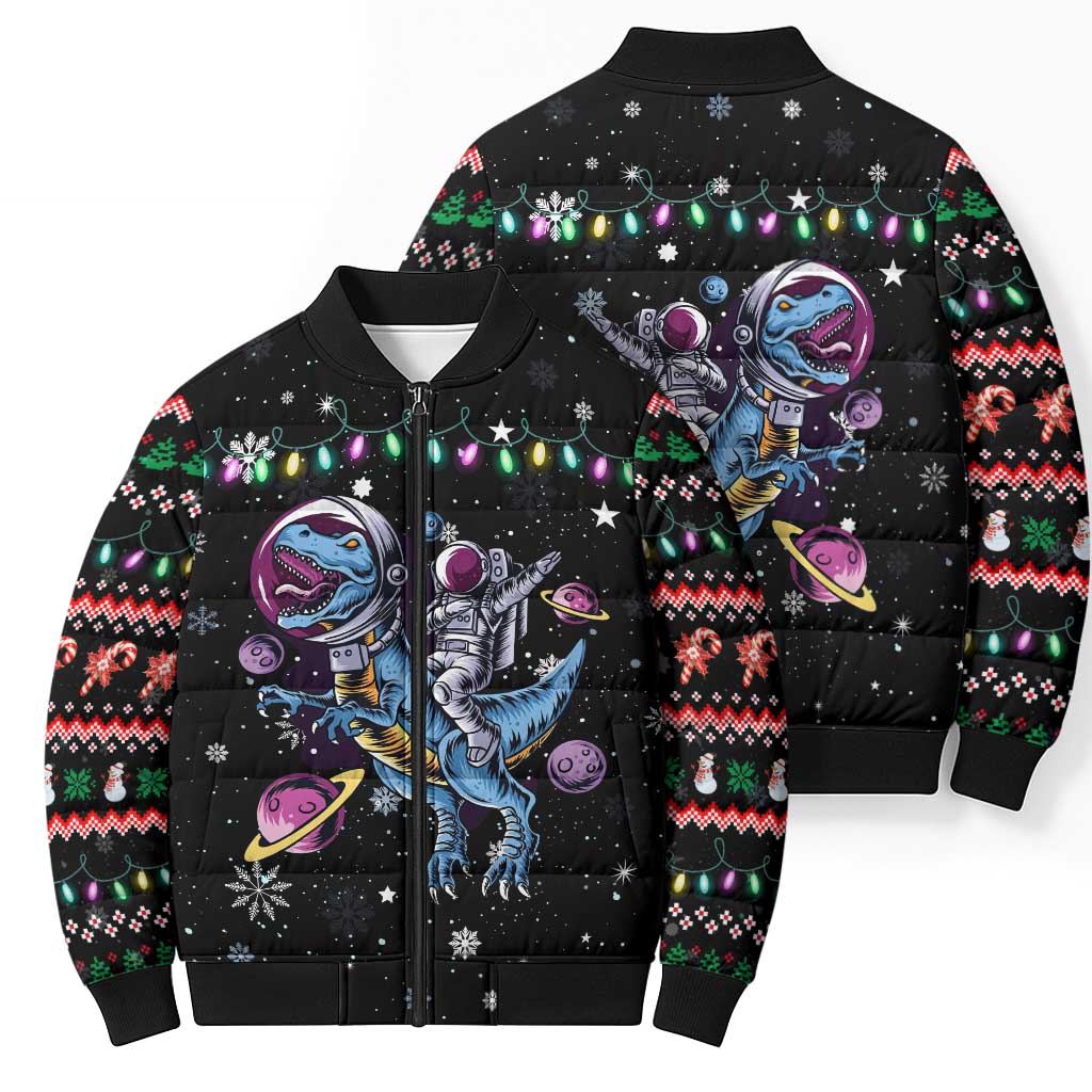 Astronauts Ride A T Rex In Space With The Planet Christmas Bomber Puffer Jacket Xmas Holiday Patterns - Wonder Print Shop