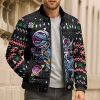 Astronauts Ride A T Rex In Space With The Planet Christmas Bomber Puffer Jacket Xmas Holiday Patterns - Wonder Print Shop