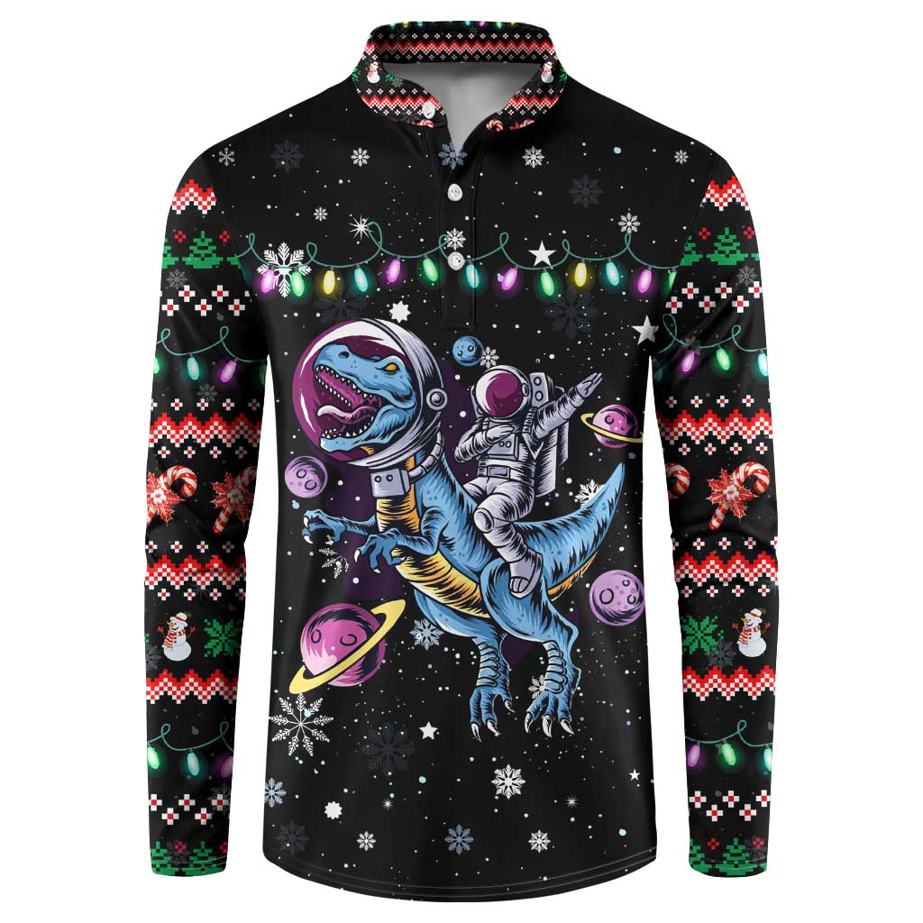 Astronauts Ride A T Rex In Space With The Planet Christmas Button Sweatshirt Xmas Holiday Patterns - Wonder Print Shop