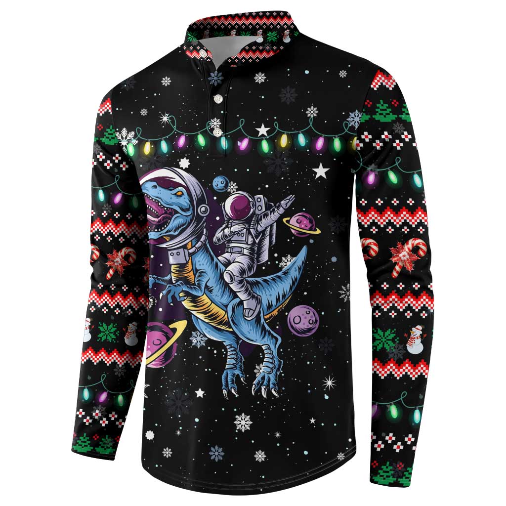 Astronauts Ride A T Rex In Space With The Planet Christmas Button Sweatshirt Xmas Holiday Patterns - Wonder Print Shop