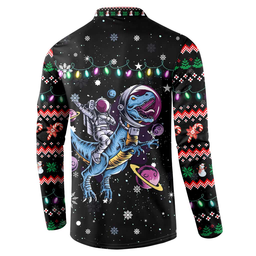 Astronauts Ride A T Rex In Space With The Planet Christmas Button Sweatshirt Xmas Holiday Patterns - Wonder Print Shop