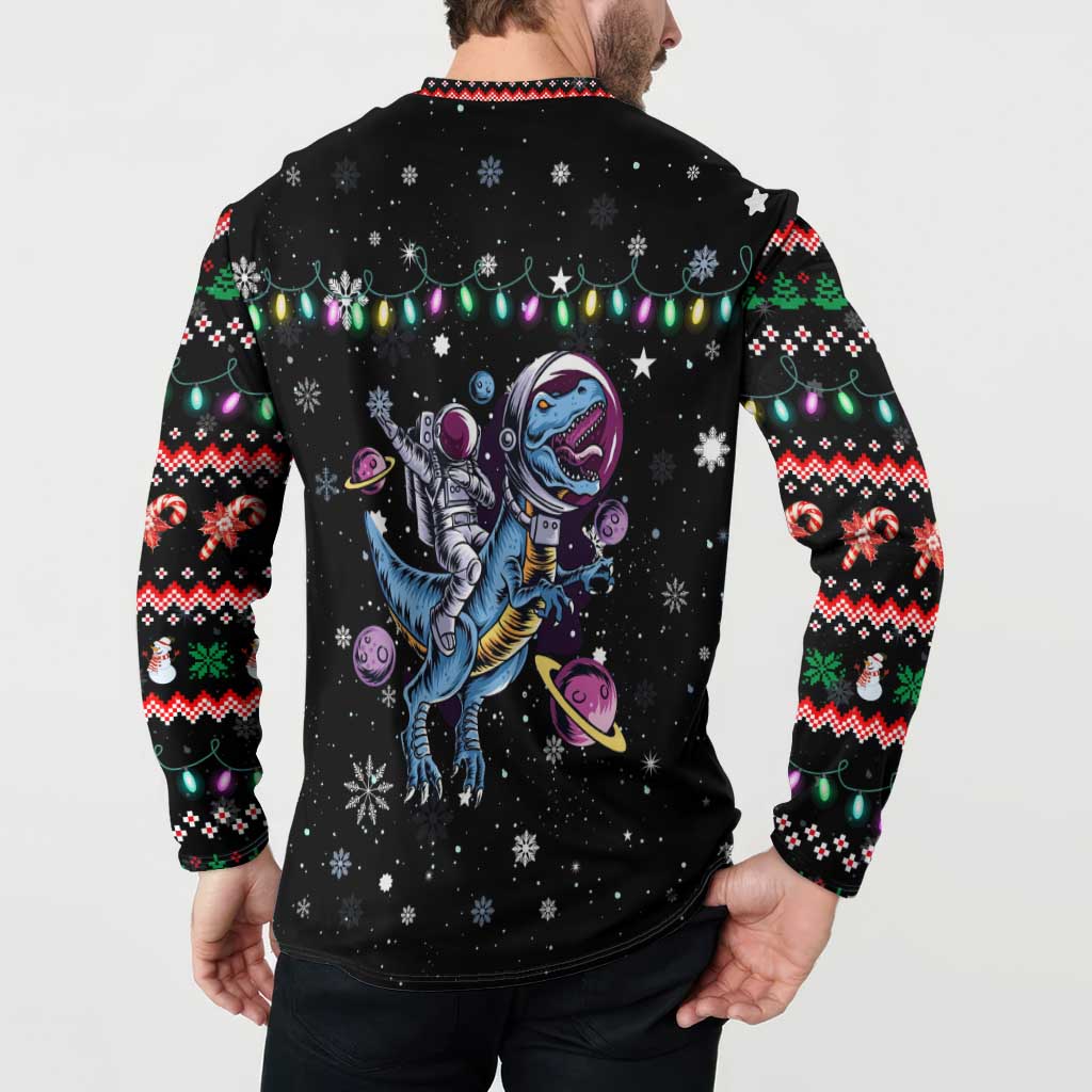 Astronauts Ride A T Rex In Space With The Planet Christmas Button Sweatshirt Xmas Holiday Patterns - Wonder Print Shop