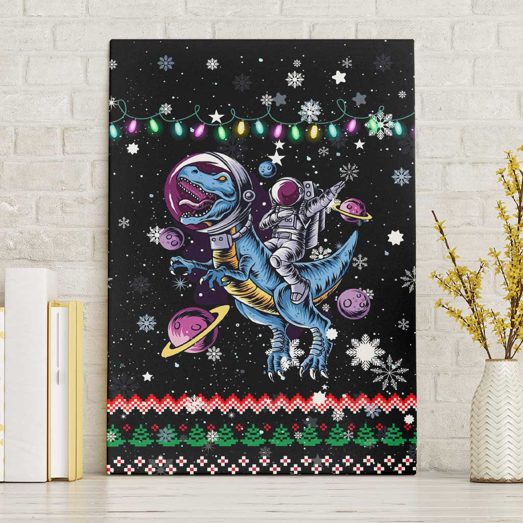 Astronauts Ride A T Rex In Space With The Planet Christmas Canvas Wall Art Xmas Holiday Patterns - Wonder Print Shop