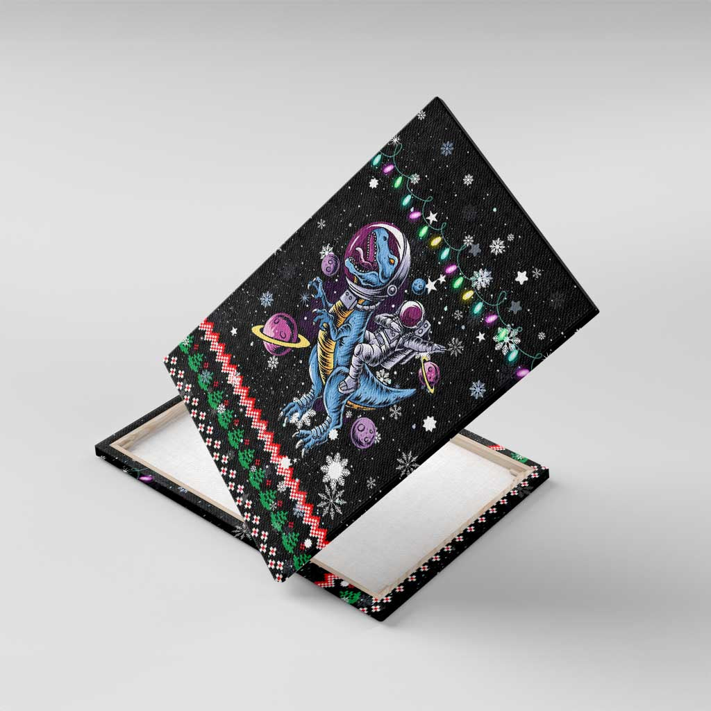 Astronauts Ride A T Rex In Space With The Planet Christmas Canvas Wall Art Xmas Holiday Patterns - Wonder Print Shop