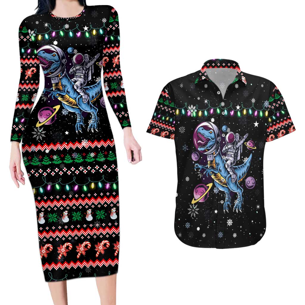 Astronauts Ride A T Rex In Space With The Planet Christmas Couples Matching Long Sleeve Bodycon Dress and Hawaiian Shirt Xmas Holiday Patterns - Wonder Print Shop