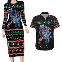 Astronauts Ride A T Rex In Space With The Planet Christmas Couples Matching Long Sleeve Bodycon Dress and Hawaiian Shirt Xmas Holiday Patterns - Wonder Print Shop