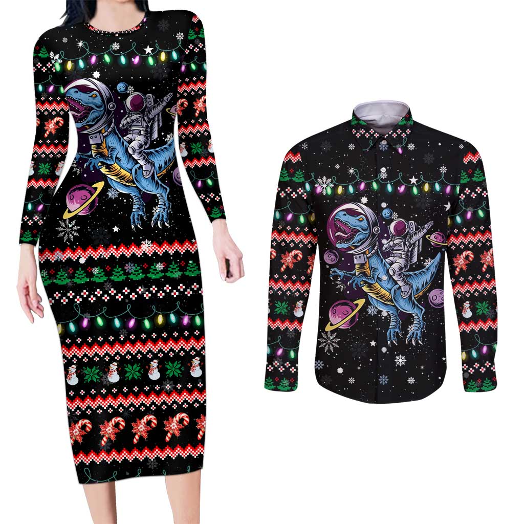 Astronauts Ride A T Rex In Space With The Planet Christmas Couples Matching Long Sleeve Bodycon Dress and Long Sleeve Button Shirt Xmas Holiday Patterns - Wonder Print Shop