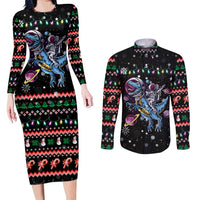 Astronauts Ride A T Rex In Space With The Planet Christmas Couples Matching Long Sleeve Bodycon Dress and Long Sleeve Button Shirt Xmas Holiday Patterns - Wonder Print Shop