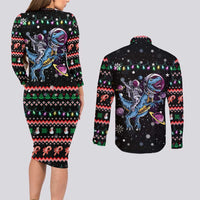 Astronauts Ride A T Rex In Space With The Planet Christmas Couples Matching Long Sleeve Bodycon Dress and Long Sleeve Button Shirt Xmas Holiday Patterns - Wonder Print Shop