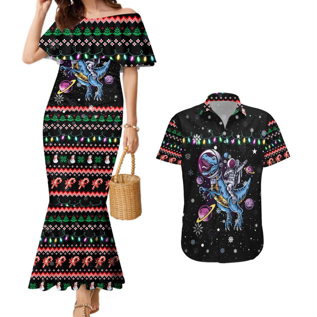 Astronauts Ride A T Rex In Space With The Planet Christmas Couples Matching Mermaid Dress and Hawaiian Shirt Xmas Holiday Patterns - Wonder Print Shop