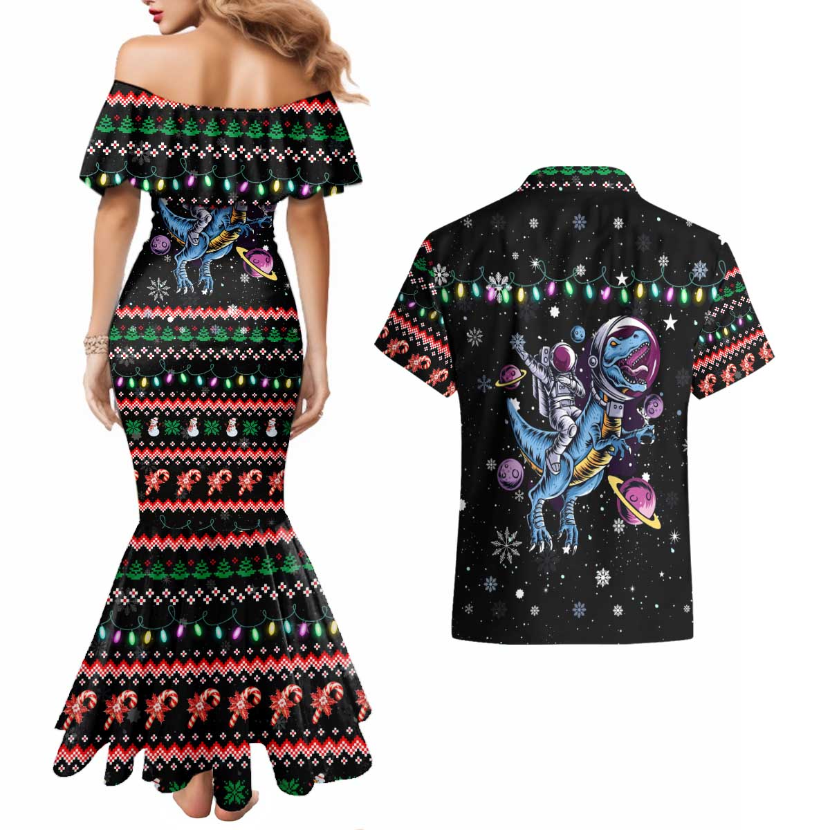 Astronauts Ride A T Rex In Space With The Planet Christmas Couples Matching Mermaid Dress and Hawaiian Shirt Xmas Holiday Patterns - Wonder Print Shop