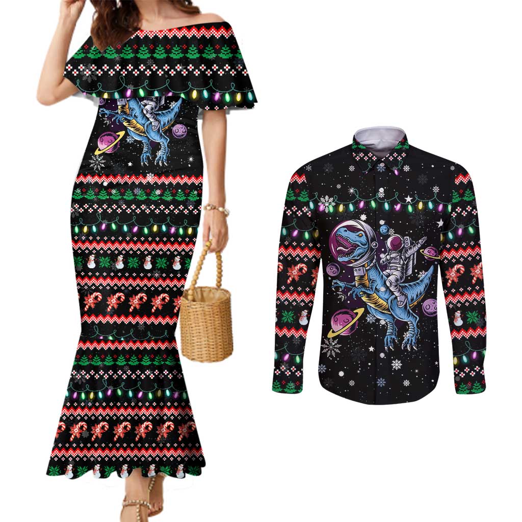 Astronauts Ride A T Rex In Space With The Planet Christmas Couples Matching Mermaid Dress and Long Sleeve Button Shirt Xmas Holiday Patterns - Wonder Print Shop