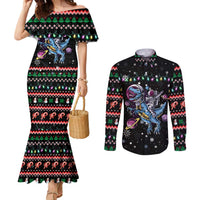 Astronauts Ride A T Rex In Space With The Planet Christmas Couples Matching Mermaid Dress and Long Sleeve Button Shirt Xmas Holiday Patterns - Wonder Print Shop