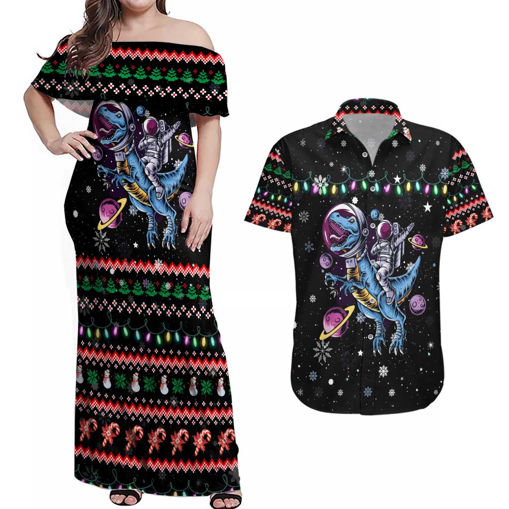 Astronauts Ride A T Rex In Space With The Planet Christmas Couples Matching Off Shoulder Maxi Dress and Hawaiian Shirt Xmas Holiday Patterns - Wonder Print Shop