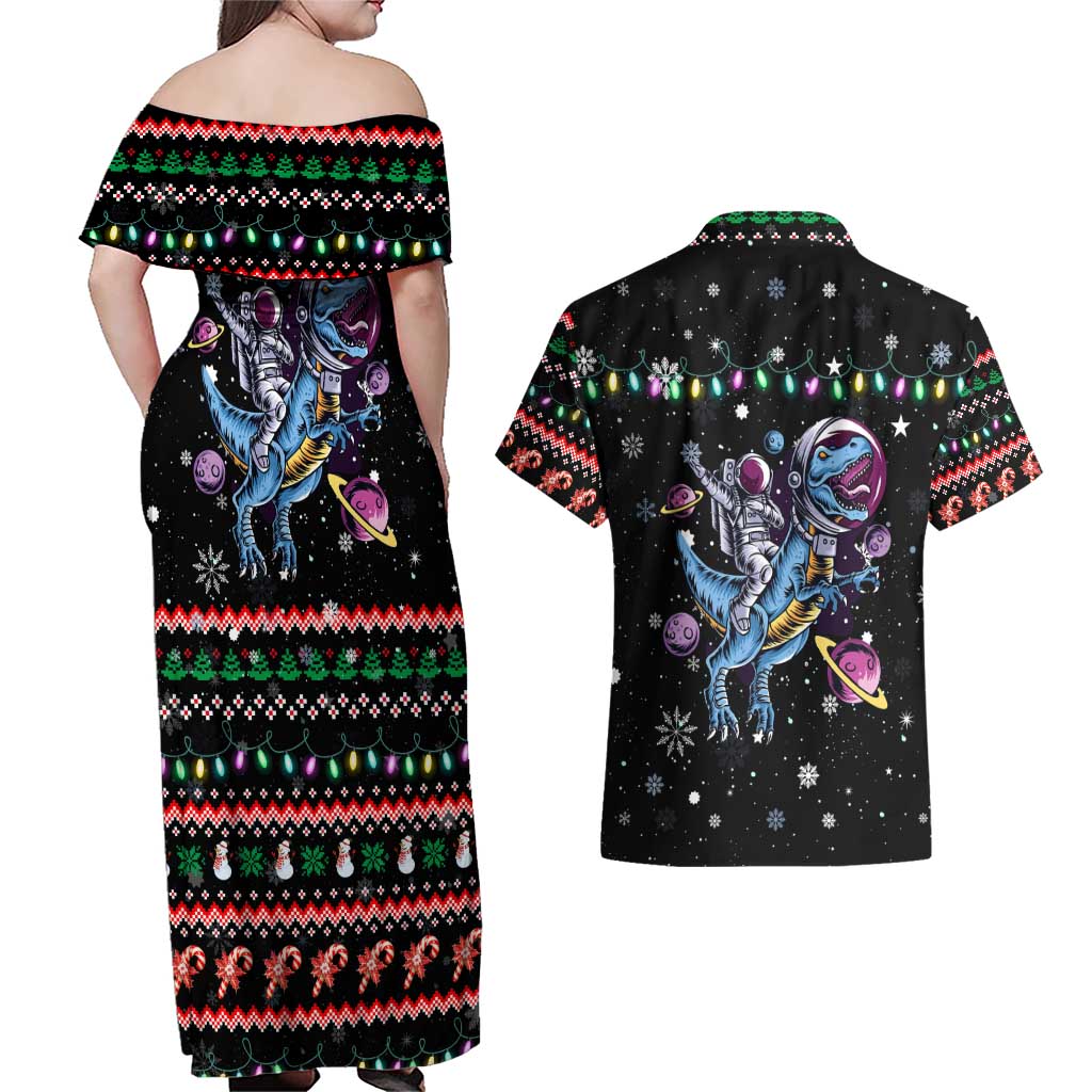 Astronauts Ride A T Rex In Space With The Planet Christmas Couples Matching Off Shoulder Maxi Dress and Hawaiian Shirt Xmas Holiday Patterns - Wonder Print Shop