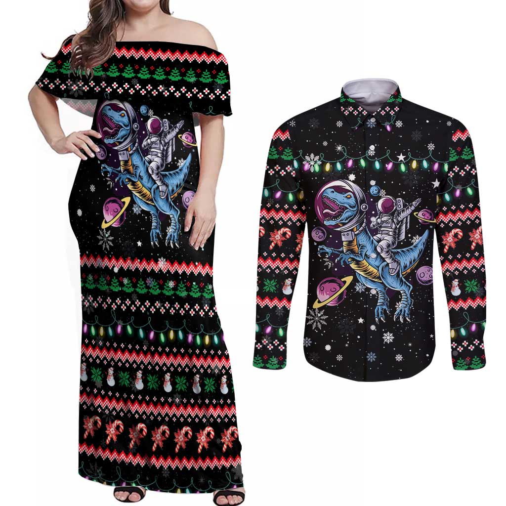 Astronauts Ride A T Rex In Space With The Planet Christmas Couples Matching Off Shoulder Maxi Dress and Long Sleeve Button Shirt Xmas Holiday Patterns - Wonder Print Shop
