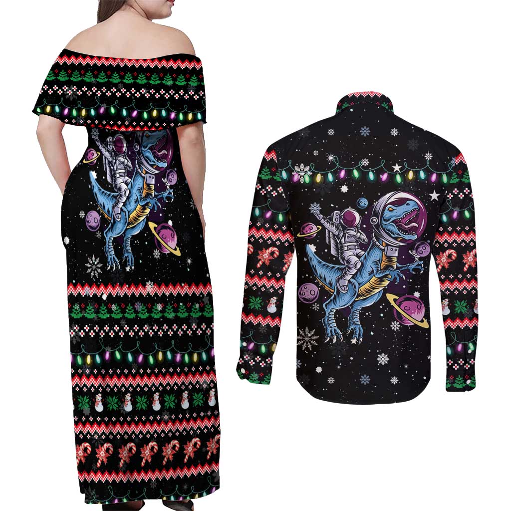 Astronauts Ride A T Rex In Space With The Planet Christmas Couples Matching Off Shoulder Maxi Dress and Long Sleeve Button Shirt Xmas Holiday Patterns - Wonder Print Shop