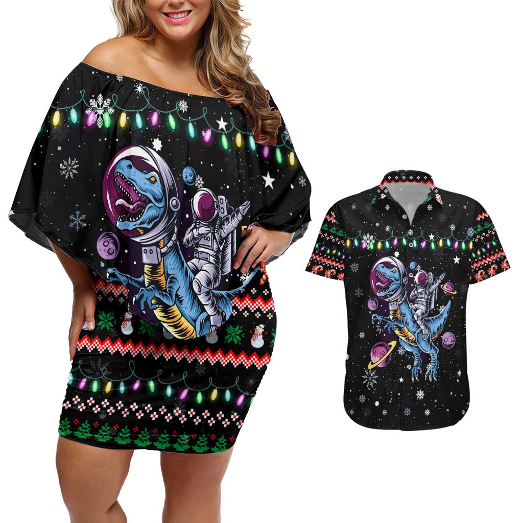 Astronauts Ride A T Rex In Space With The Planet Christmas Couples Matching Off Shoulder Short Dress and Hawaiian Shirt Xmas Holiday Patterns - Wonder Print Shop