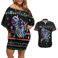 Astronauts Ride A T Rex In Space With The Planet Christmas Couples Matching Off Shoulder Short Dress and Hawaiian Shirt Xmas Holiday Patterns - Wonder Print Shop