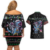 Astronauts Ride A T Rex In Space With The Planet Christmas Couples Matching Off Shoulder Short Dress and Hawaiian Shirt Xmas Holiday Patterns - Wonder Print Shop