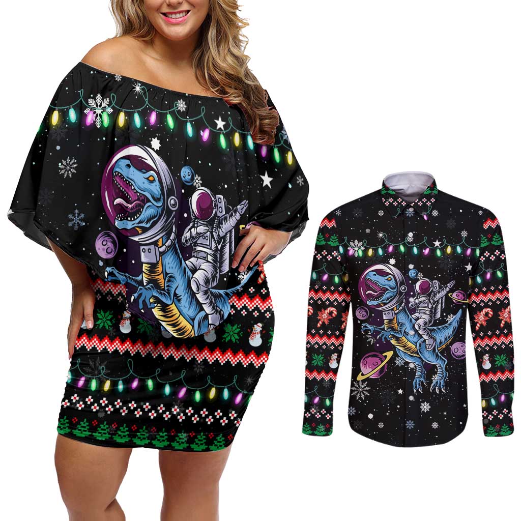 Astronauts Ride A T Rex In Space With The Planet Christmas Couples Matching Off Shoulder Short Dress and Long Sleeve Button Shirt Xmas Holiday Patterns - Wonder Print Shop