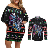 Astronauts Ride A T Rex In Space With The Planet Christmas Couples Matching Off Shoulder Short Dress and Long Sleeve Button Shirt Xmas Holiday Patterns - Wonder Print Shop