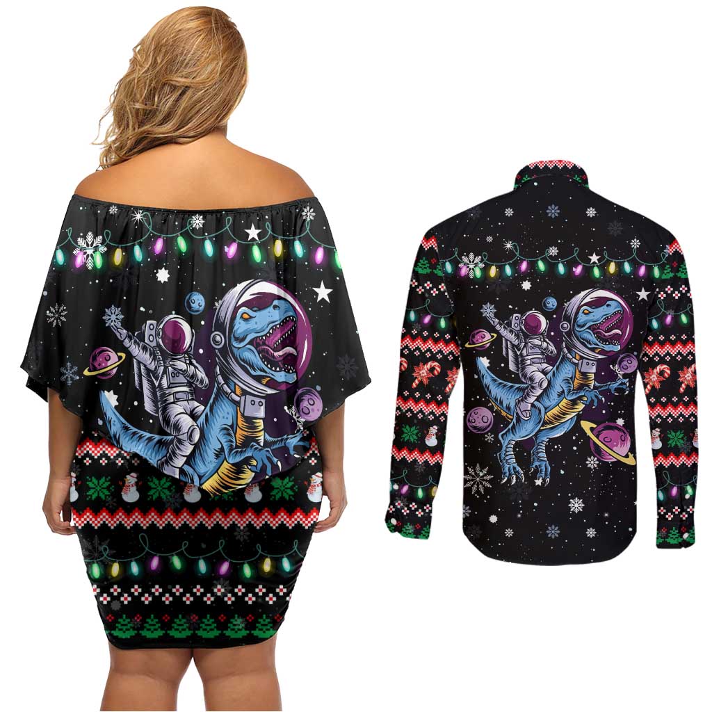 Astronauts Ride A T Rex In Space With The Planet Christmas Couples Matching Off Shoulder Short Dress and Long Sleeve Button Shirt Xmas Holiday Patterns - Wonder Print Shop