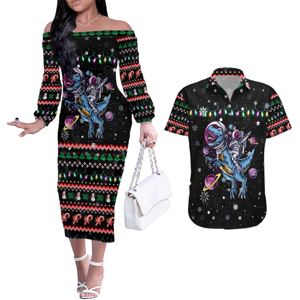 Astronauts Ride A T Rex In Space With The Planet Christmas Couples Matching Off The Shoulder Long Sleeve Dress and Hawaiian Shirt Xmas Holiday Patterns - Wonder Print Shop