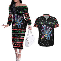 Astronauts Ride A T Rex In Space With The Planet Christmas Couples Matching Off The Shoulder Long Sleeve Dress and Hawaiian Shirt Xmas Holiday Patterns - Wonder Print Shop