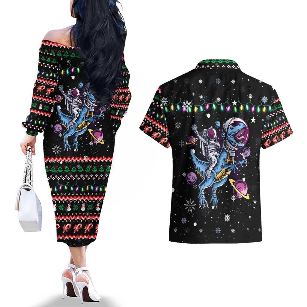Astronauts Ride A T Rex In Space With The Planet Christmas Couples Matching Off The Shoulder Long Sleeve Dress and Hawaiian Shirt Xmas Holiday Patterns - Wonder Print Shop