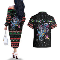 Astronauts Ride A T Rex In Space With The Planet Christmas Couples Matching Off The Shoulder Long Sleeve Dress and Hawaiian Shirt Xmas Holiday Patterns - Wonder Print Shop