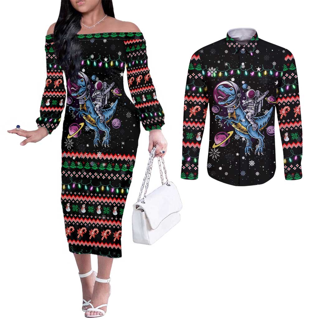 Astronauts Ride A T Rex In Space With The Planet Christmas Couples Matching Off The Shoulder Long Sleeve Dress and Long Sleeve Button Shirt Xmas Holiday Patterns - Wonder Print Shop