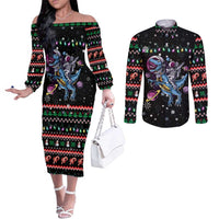 Astronauts Ride A T Rex In Space With The Planet Christmas Couples Matching Off The Shoulder Long Sleeve Dress and Long Sleeve Button Shirt Xmas Holiday Patterns - Wonder Print Shop