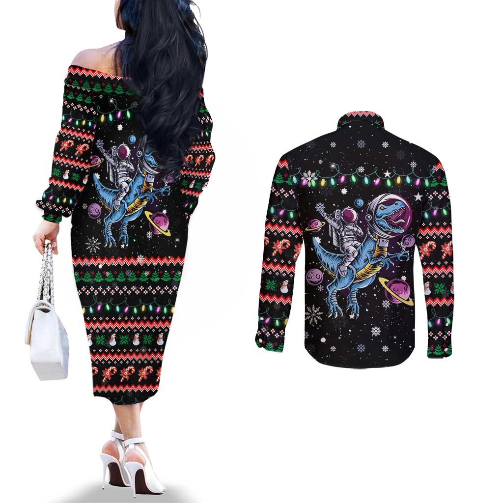 Astronauts Ride A T Rex In Space With The Planet Christmas Couples Matching Off The Shoulder Long Sleeve Dress and Long Sleeve Button Shirt Xmas Holiday Patterns - Wonder Print Shop