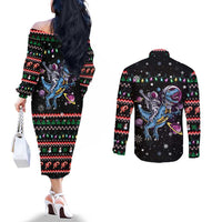 Astronauts Ride A T Rex In Space With The Planet Christmas Couples Matching Off The Shoulder Long Sleeve Dress and Long Sleeve Button Shirt Xmas Holiday Patterns - Wonder Print Shop