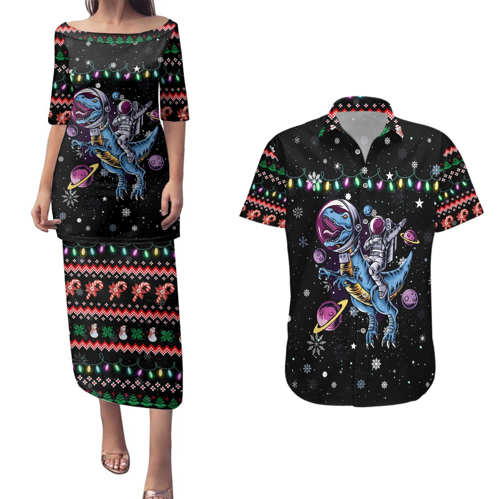 Astronauts Ride A T Rex In Space With The Planet Christmas Couples Matching Puletasi and Hawaiian Shirt Xmas Holiday Patterns - Wonder Print Shop