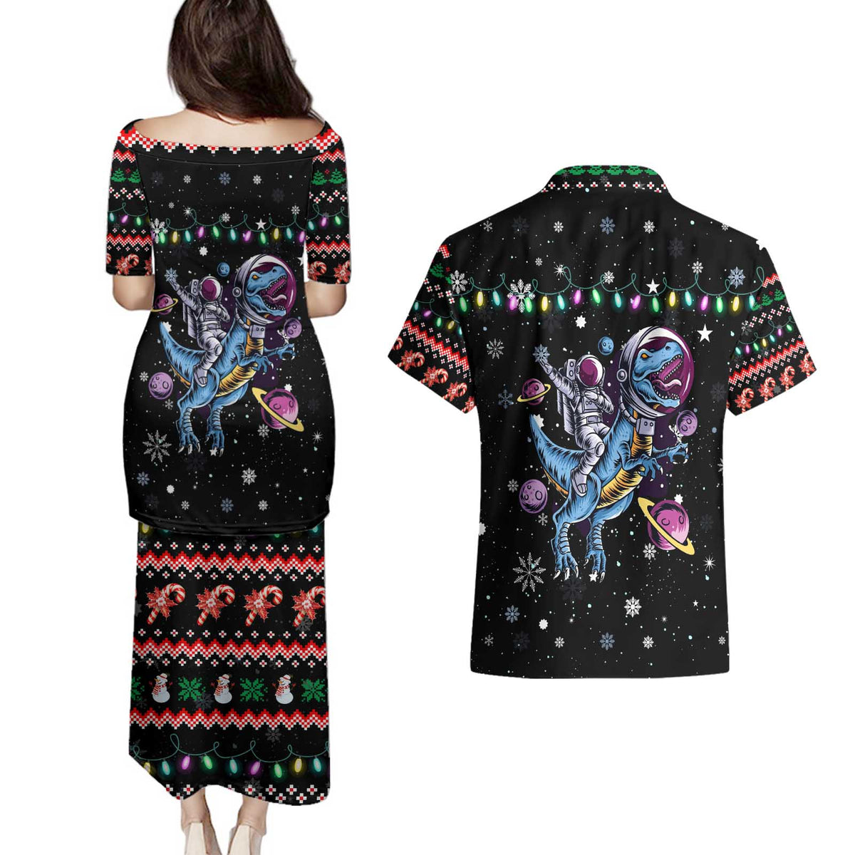 Astronauts Ride A T Rex In Space With The Planet Christmas Couples Matching Puletasi and Hawaiian Shirt Xmas Holiday Patterns - Wonder Print Shop