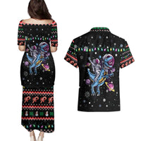 Astronauts Ride A T Rex In Space With The Planet Christmas Couples Matching Puletasi and Hawaiian Shirt Xmas Holiday Patterns - Wonder Print Shop