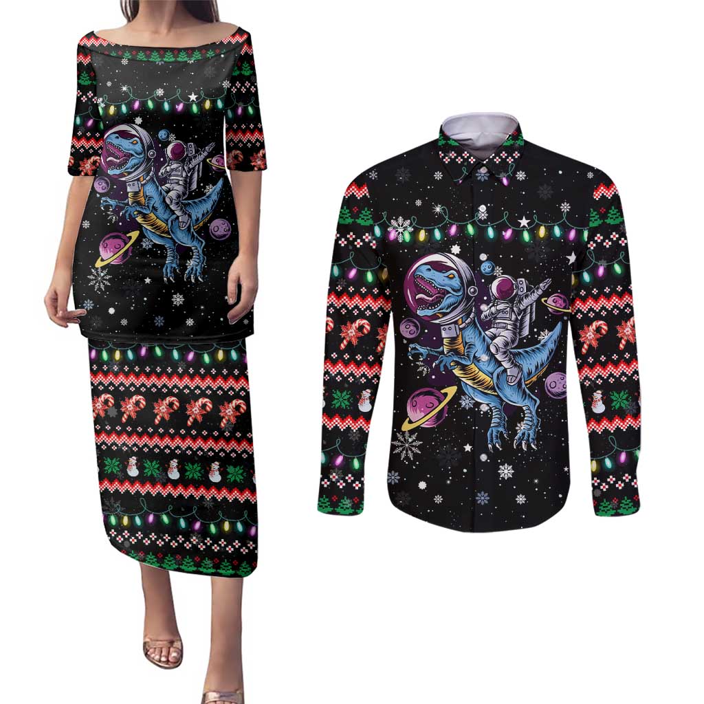 Astronauts Ride A T Rex In Space With The Planet Christmas Couples Matching Puletasi and Long Sleeve Button Shirt Xmas Holiday Patterns - Wonder Print Shop
