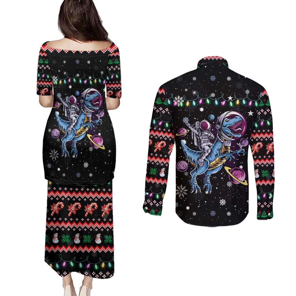 Astronauts Ride A T Rex In Space With The Planet Christmas Couples Matching Puletasi and Long Sleeve Button Shirt Xmas Holiday Patterns - Wonder Print Shop