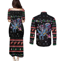 Astronauts Ride A T Rex In Space With The Planet Christmas Couples Matching Puletasi and Long Sleeve Button Shirt Xmas Holiday Patterns - Wonder Print Shop