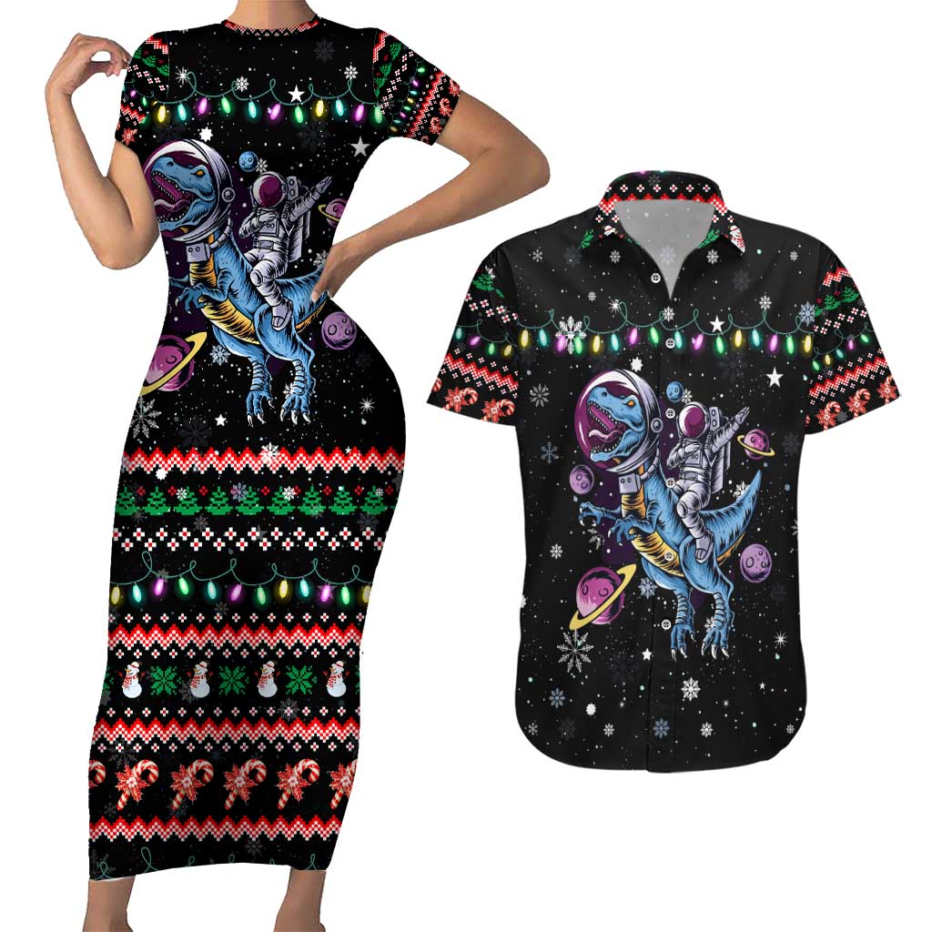 Astronauts Ride A T Rex In Space With The Planet Christmas Couples Matching Short Sleeve Bodycon Dress and Hawaiian Shirt Xmas Holiday Patterns - Wonder Print Shop