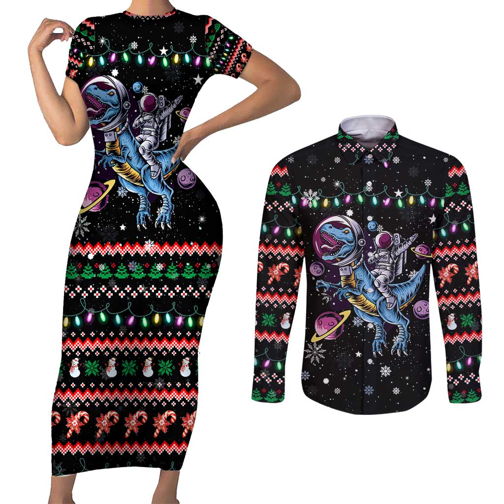 Astronauts Ride A T Rex In Space With The Planet Christmas Couples Matching Short Sleeve Bodycon Dress and Long Sleeve Button Shirt Xmas Holiday Patterns - Wonder Print Shop